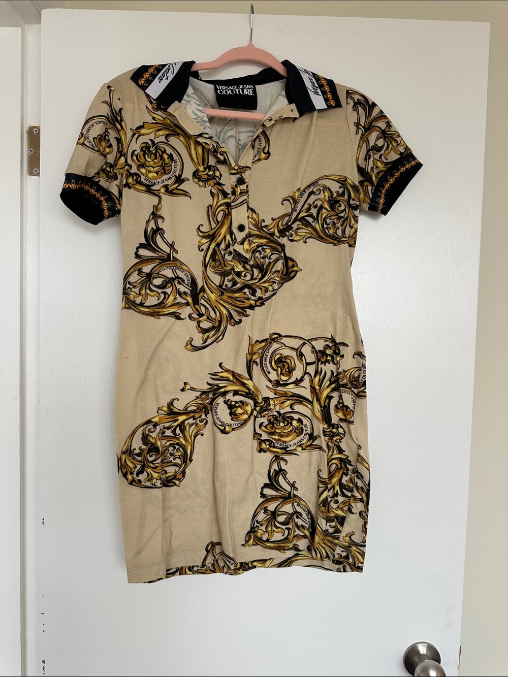 Versace Jeans Collection Beige and Gold Baroque Polo Mini Dress